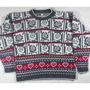 Vintage Hot Cashews Sweater Womens Medium‎ Multicolor Rose Heart Knit USA 80s